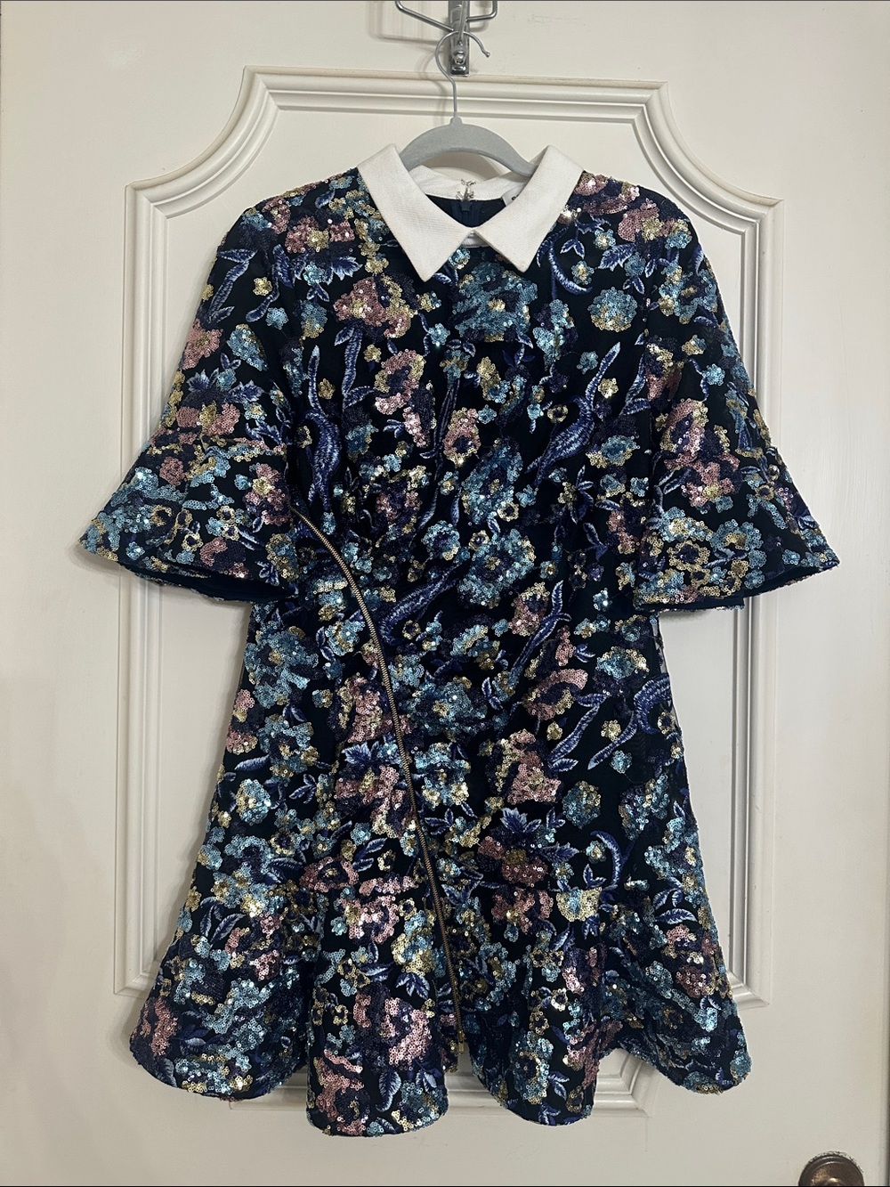 Self-Portrait Navy Floral Sequin Dress with White Collar